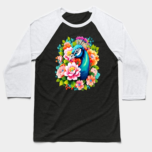 A Cute Peacock Surrounded by Bold Vibrant Spring Flowers Baseball T-Shirt by BirdsnStuff